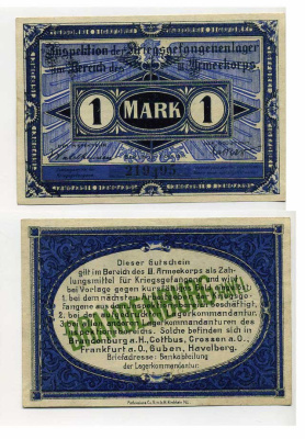 Германия 1 марка 1917 инспекция лагерей военнопленных в Бранденбурге, III-ий Армейский корпус C-2772 бумага UNC (пресс) 504-71-3-2