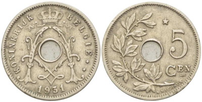 БЕЛЬГИЯ 5 САНТИМОВ 1931 BELGIE KM 94 медно-никель 3309-1262