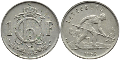 ЛЮКСЕМБУРГ 1 ФРАНК 1952 СТАЛЕВАР KM 46.2 медно-никель 4391-1051