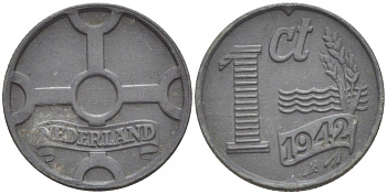 НИДЕРЛАНДЫ 1 ЦЕНТ 1942 ВИЛЬГЕЛЬМИНА I (1891-1948), ГЕРМАНСКАЯ ОККУПАЦИЯ, ВТОРАЯ МИРОВАЯ ВОЙНА KM 170 цинк 4532-1142