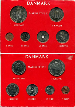 Дания набор из 6 монет 1985 Маргрете II, официальный, в картонном буклете KM MS 30 UNC 4-4-1-10