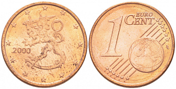 ФИНЛЯНДИЯ 1 ЕВРОЦЕНТ 2000 KM 98 сталь плакированная медью UNC 3457-1155
