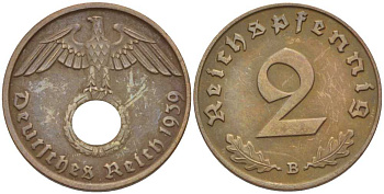 ГЕРМАНИЯ 2 РЕЙХСПФЕННИГА 1939 B KM 90, J. 362 бронза 261-1023