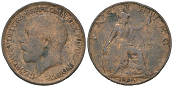 Великобритания 1 фартинг 1915 Георг V (1910-1936) KM 808.1, Spink 4059 бронза 4618-869
