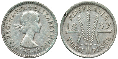 Австралия 3 пенса 1957 m, Елизавета II (1952-2022) KM 57 серебро 71-542