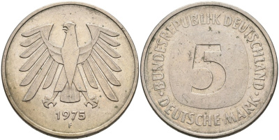 ФРГ 5 марок 1975 F, монетный двор Штутгарт КМ 140.1, J. 415 медно-никель плакированный никелем 4574-431