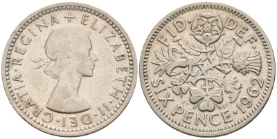 Великобритания 6 пенсов 1962 Елизавета II (1952-2022) KM 903, Spink 4149 медно-никель 4588-1242