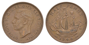 Великобритания 1/2 пенни 1944 Георг VI (1936-1952) KM 844, Spink 4115 бронза 4642-435