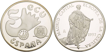 Испания 5 экю 1992 Мадрид, культурная столица Европы, Хуан Карлос I серебро PROOF 11-085-41