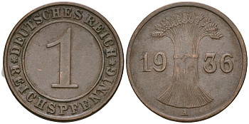 Германия 1 рейхспфенниг 1936 A KM 37, J. 313 бронза 4528-1259