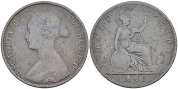 Великобритания 1/2 пенни 1861 Виктория (1837-1901) KM 748.2, Spink 3956 бронза 4543-1141