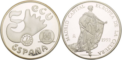 Испания 5 экю 1992 Мадрид, культурная столица Европы, Хуан Карлос I серебро PROOF 11-085-41