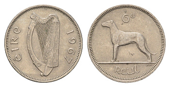 Ирландия 6 пенсов 1967 собака, ирландский волкодав KM 13a медно-никель 4690-342