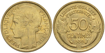 ФРАНЦИЯ 50 САНТИМОВ 1939 ТИП MORLON KM 894.1, LE FRANC 192.15 алюминиевая бронза 44-854