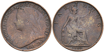 Великобритания 1 фартинг 1899 Виктория (1837-1901) KM 788.2, Spink 3964 бронза 4588-532