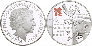 Великобритания 5 фунтов 2010 Елизавета II (1952-2022), XXX летние Олимпийские Игры в Лондоне в 2012, британская погода KM 1157, Spink LO48 серебро PROOF 02-224-44