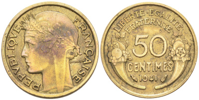 ФРАНЦИЯ 50 САНТИМОВ 1941 ТИП MORLON KM 894.1, LE FRANC 192.18 алюминиевая бронза 4588-355