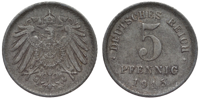 Германия 5 пфеннигов 1915 E KM 19, J. 297, Weege 5 железо 4118-1126
