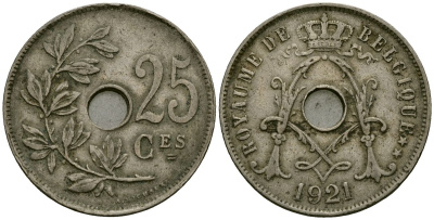 Бельгия 25 сантимов 1921 Belgique KM 68 медно-никель 4168-1235