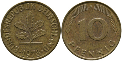 ФРГ 10 ПФЕННИГОВ 1978 F KM 108, J.383 сталь плакированная латунью 33-135