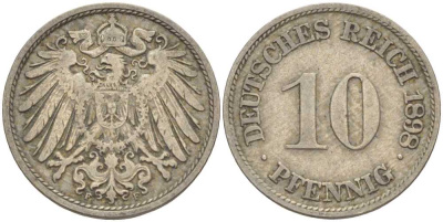 ГЕРМАНИЯ 10 ПФЕННИГОВ 1898 F KM 12, J. 13 медно-никель 4401-1042