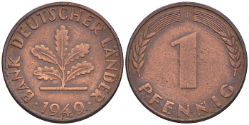 ФРГ 1 ПФЕННИГ 1949 J KM А101, J. 376 сталь плакированная медью 4547-1129