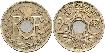 Франция 25 сантимов 1922 тип LINDAUER KM 867а, Le Franc 171.6 медно-никель 4575-336
