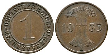 Германия 1 рейхспфенниг 1935 A KM 37, J. 313 бронза 220-113