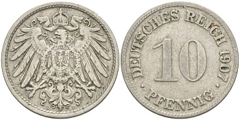 Германия 10 пфеннигов 1907 D KM 12, Jager 13, Weege 8 медно-никель 219-132