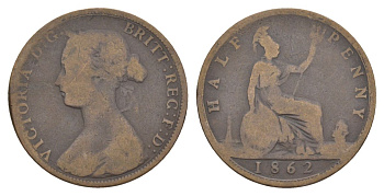 Великобритания 1/2 пенни 1862 Виктория (1837-1901) KM 748, Spink 3956 бронза 51-2934