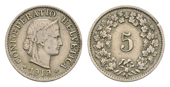 Швейцария 5 раппенов 1919 B KM 26 медно-никель 4532-456