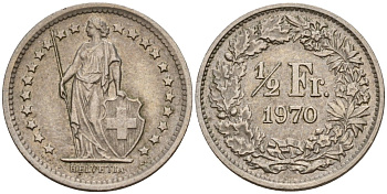 Швейцария 1/2 франка 1970 KM 23а.1 медно-никель 4189-442