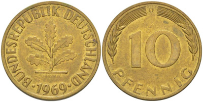 ФРГ 10 ПФЕННИГОВ 1969 D KM 108, J. 383 сталь плакированная латунью 219-432