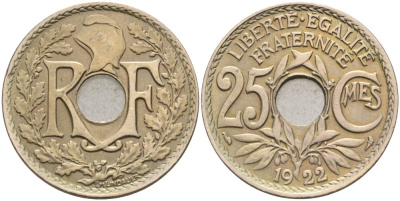 Франция 25 сантимов 1922 тип LINDAUER KM 867а, Le Franc 171.6 медно-никель 4575-336