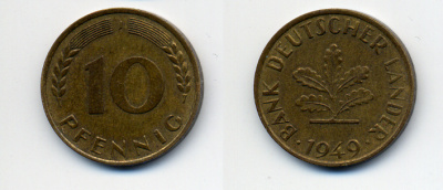 ФРГ 10 ПФЕННИГОВ 1949 J KM 103, J. 378 сталь плакированная латунью 4379-351