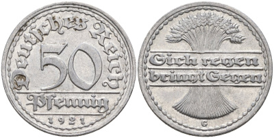 Германия 50 пфеннигов 1921 G KM 27, J.301, Weege 10 алюминий aUNC 4584-735