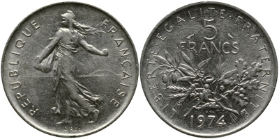 ФРАНЦИЯ 5 ФРАНКОВ 1974 СЕЯТЕЛЬ KM 926a.1, LE FRANC 341.6 медно-никель плакированный никелем 97-641