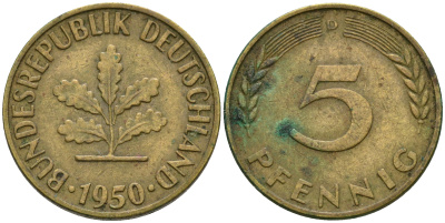 ФРГ 5 пфеннигов 1950 D KM 107, J.382 сталь плакированная латунью 4364-1554