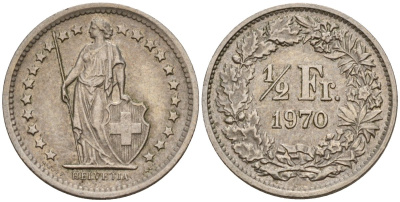 Швейцария 1/2 франка 1970 KM 23а.1 медно-никель 4189-442
