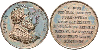 Франция медаль 1824 на восстановление памятника Генри IV (чтобы наши верноподанные вносили свои средства на восстановление памятника Генри IV), два портрета Генри IV и Людовика XVIII , медальер F. GAYRARD, диаметр 32,5 мм., вес 20,36 гр.  бронза    3711-2