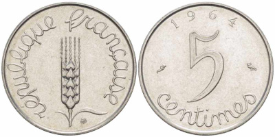 ФРАНЦИЯ 5 САНТИМОВ 1964 ПЯТАЯ РЕСПУБЛИКА KM 927, LE FRANC 124.6 хромированная сталь 105-434
