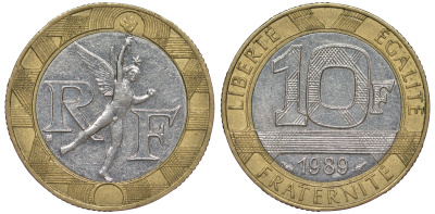 Франция 10 франков 1989 тип гений Бастилии KM 964.1, Le Franc 375.3 биметалл 45-543