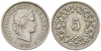 Швейцария 5 раппенов 1901 B KM 26 медно-никель 4158-1152