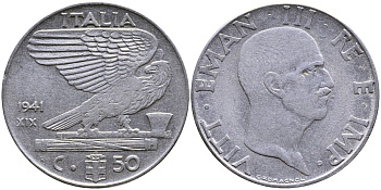 ИТАЛИЯ 50 ЧЕНТЕЗИМО 1941 R, ВИКТОР ИМАНУИЛ, XIX ГОД KM 76b сталь 4384-232