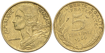 ФРАНЦИЯ 5 САНТИМОВ 1966 ТИП MARIANNE KM 933, LE FRANC 125.2 алюминиевая бронза 4588-349
