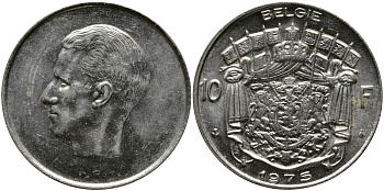 БЕЛЬГИЯ 10 ФРАНКОВ 1975 BELGIE, БОДУЭН I (1951-1993) KM 156.1 никель 3333-1045