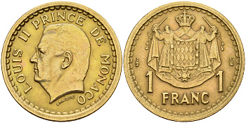 Монако 1 франк 1945 Луи II (1922-1949) KM 120 a алюминиевая бронза 4116-326