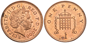 Великобритания 1 пенни 2000 Елизавета II (1952-2022) KM 986, Spink 4710 (B5) сталь плакированная медью 4609-552