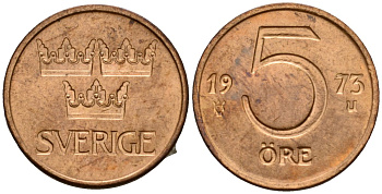 Швеция 5 эре 1973 U, Густав VI Адольф (1950-1973) KM 845 бронза 4602-312