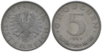 Австрия 5 грошей 1965 из ролла KM 2875 цинк  UNC  M39-09